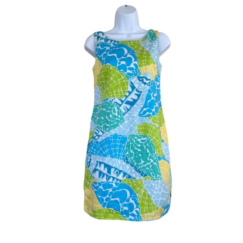 Lilly Pulitzer seashell sheath dress blue green white yellow sleeveless 0 XS